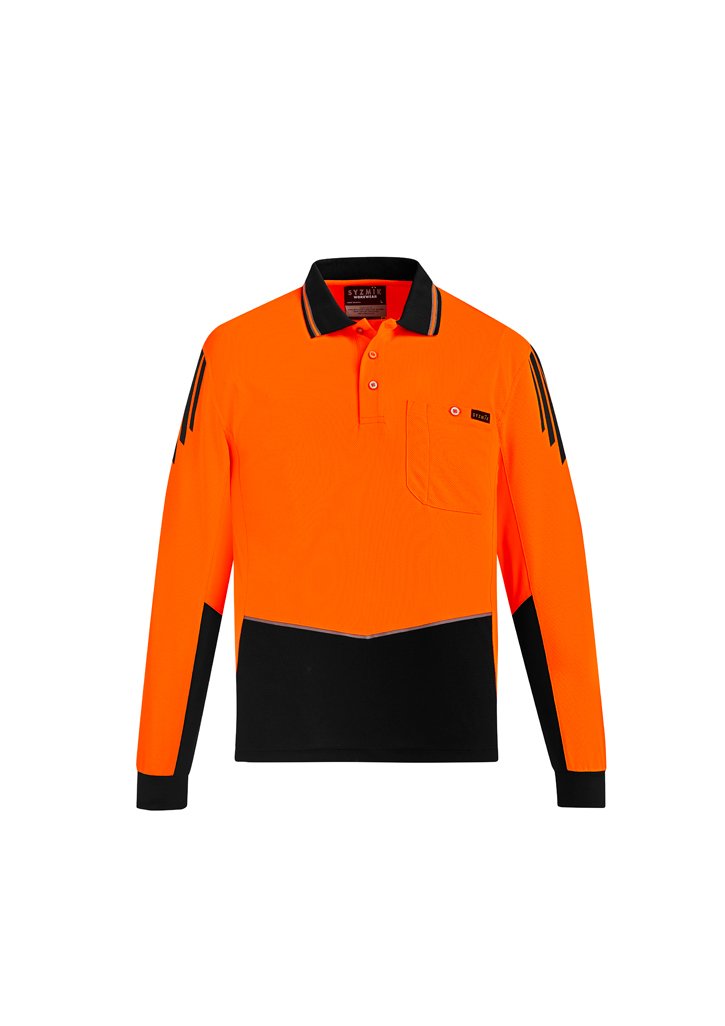 Load image into Gallery viewer, Syzmik ZH310 Hi-Vis Flux Longsleeve Polo Shirts orange black front
