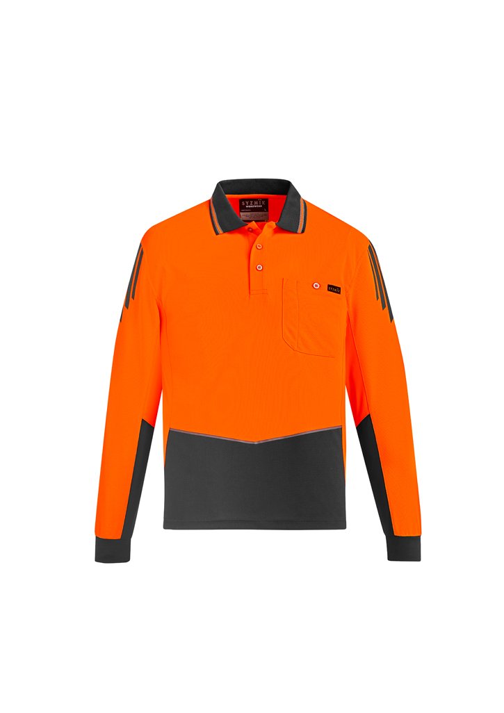 Load image into Gallery viewer, Syzmik ZH310 Hi-Vis Flux Longsleeve Polo Shirts Orange Charcoal front

