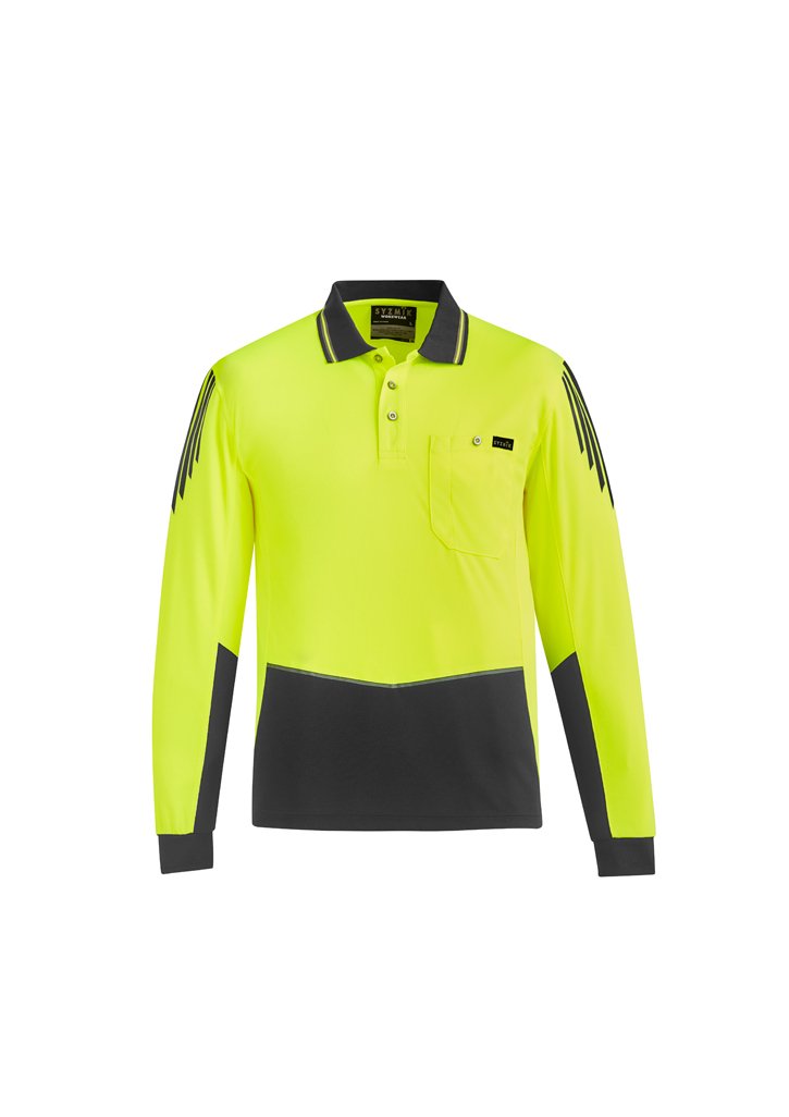 Load image into Gallery viewer, Syzmik ZH310 Hi-Vis Flux Longsleeve Polo Shirts Yellow Charcoal front
