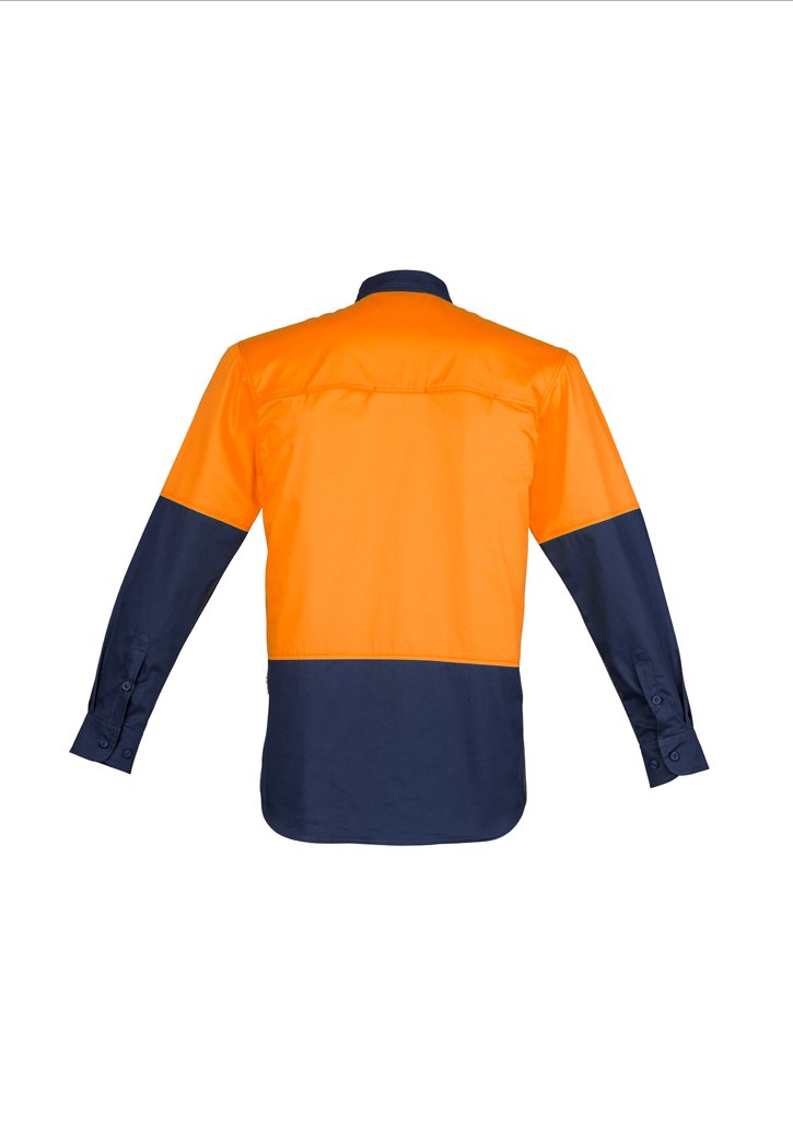 Load image into Gallery viewer, Syzmik ZW560 Closed Front Long Sleeve 100% Cotton Work Shirts | UPF 50, HI Vis Day orange navy back
