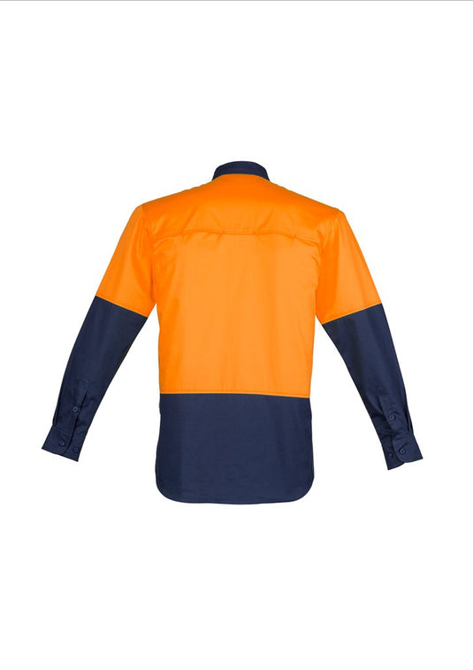Syzmik ZW560 Closed Front Long Sleeve 100% Cotton Work Shirts | UPF 50, HI Vis Day orange navy back