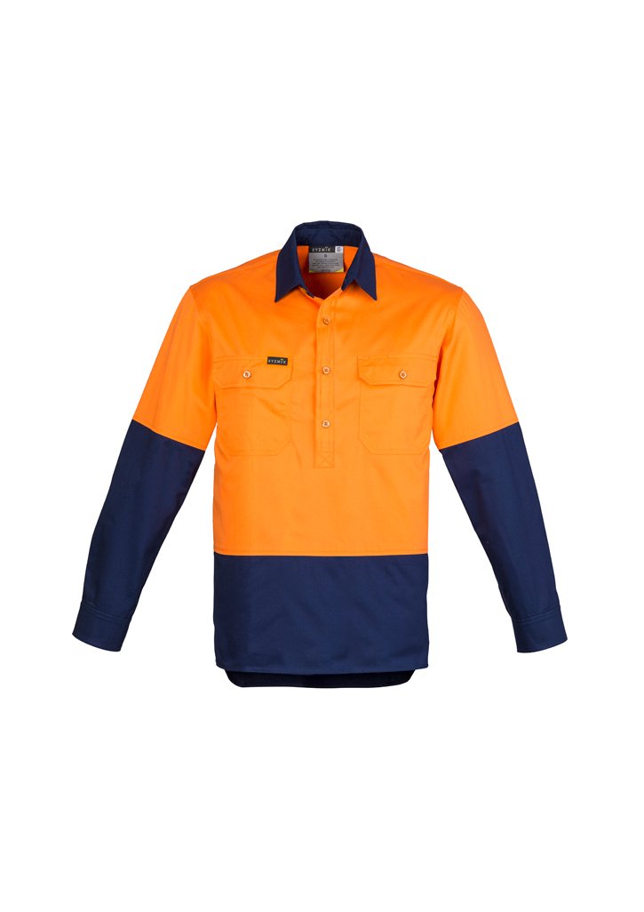 Load image into Gallery viewer, Syzmik ZW560 Closed Front Long Sleeve 100% Cotton Work Shirts | UPF 50, HI Vis Day orange navy
