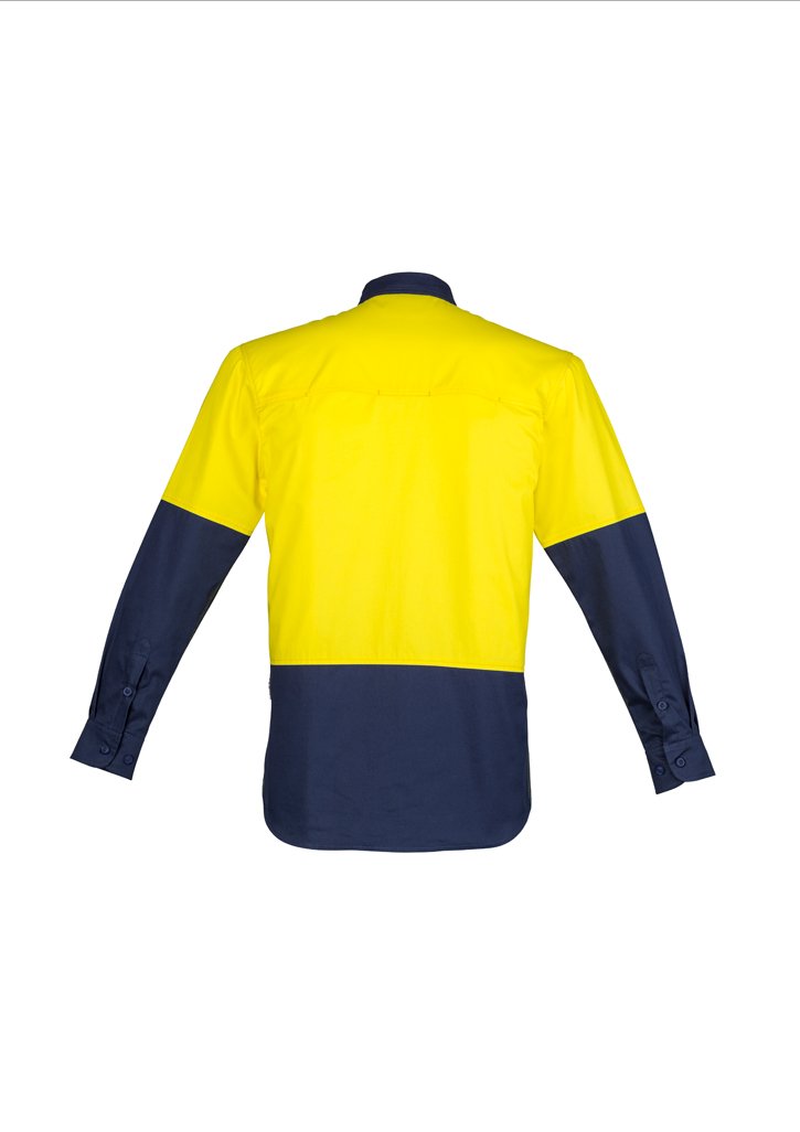 Load image into Gallery viewer, Syzmik ZW560 Closed Front Long Sleeve 100% Cotton Work Shirts | UPF 50, HI Vis Day yelow navy back
