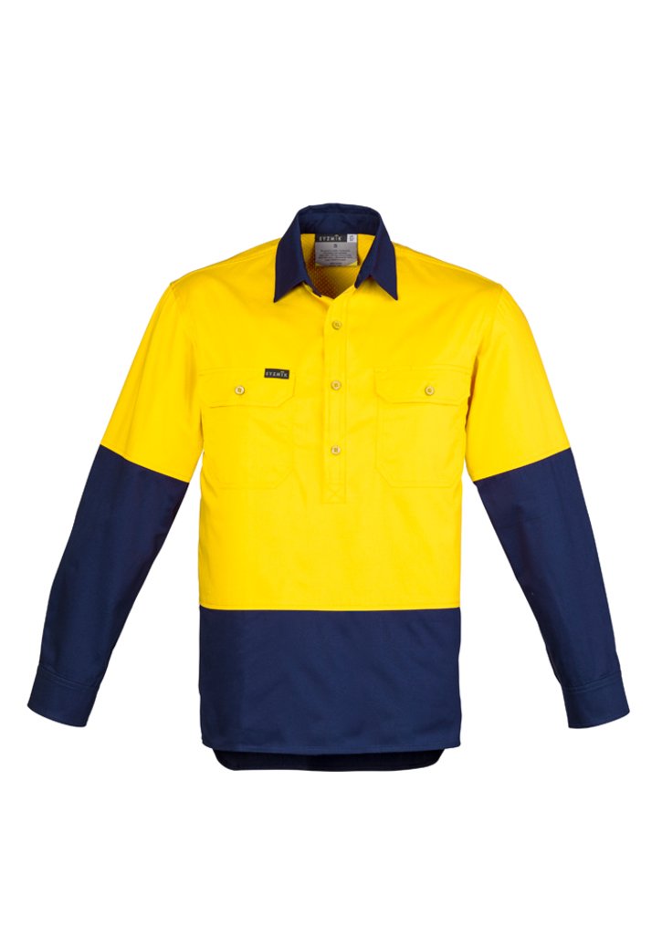 Load image into Gallery viewer, Syzmik ZW560 Closed Front Long Sleeve 100% Cotton Work Shirts | UPF 50, HI Vis Day yellow navy front

