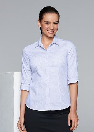 Wholesale 2900T Aussie Pacific Ladies Henley Striped 3/4 Sleeve Shirt Printed or Blank