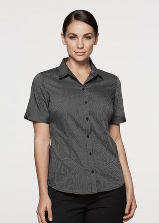 Wholesale 2900S Aussie Pacific Ladies Henley Striped Short Sleeve Shirt Printed or Blank